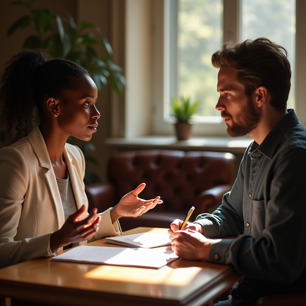Einzelcoaching-Sitzung zwischen Trainerin und Teilnehmer an einem Schreibtisch